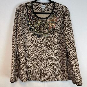 CHICO’S Jacket XL Brown Leopard Print Beaded Sequins Lined Long Sleeve Size 3
